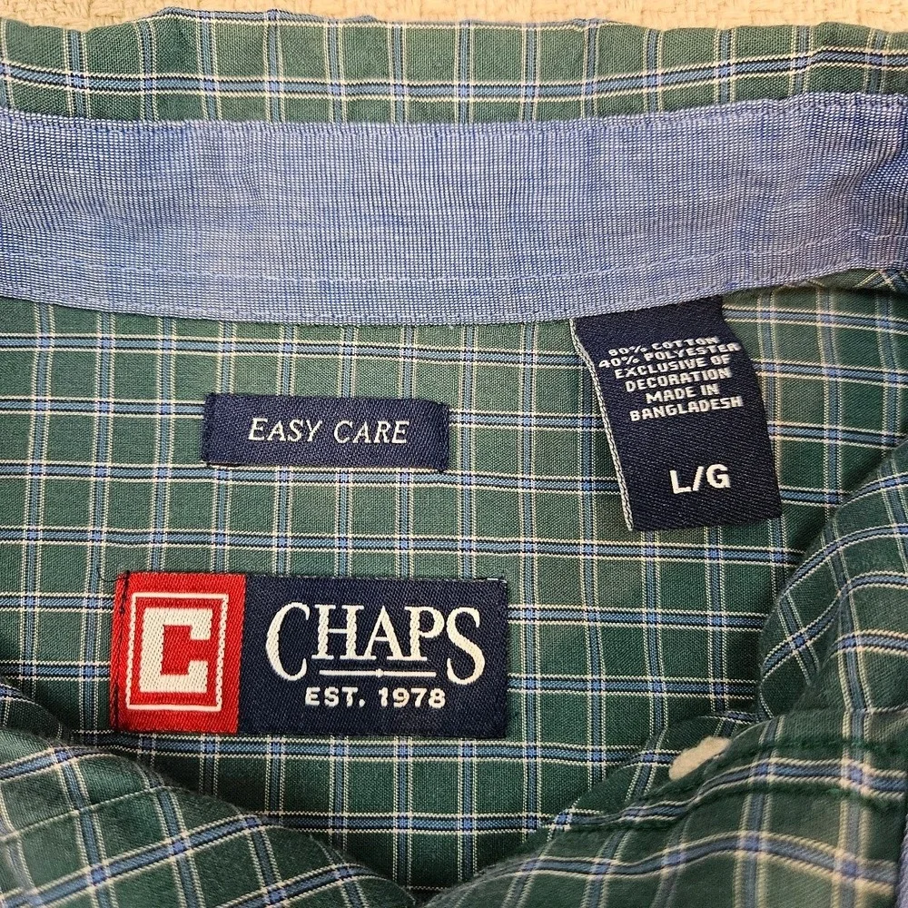 Chaps Mens Large Green Blue Grid Check Easy Care Button Down Shirt Long Sleeve